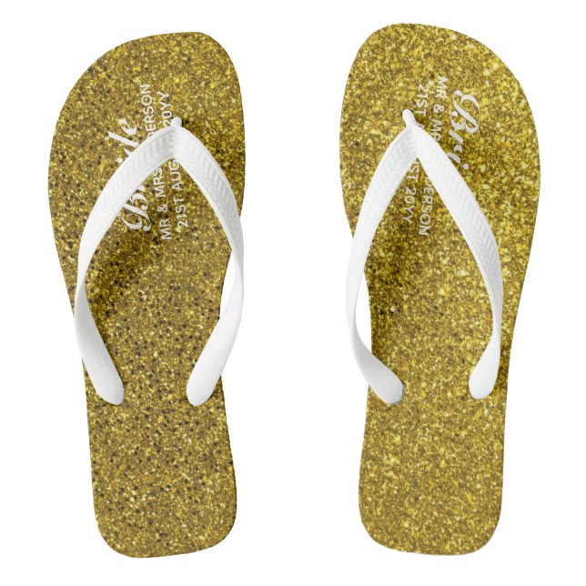Gold Glitter Wedding Flipflops BRIDE, Bridal Party (Footbed)