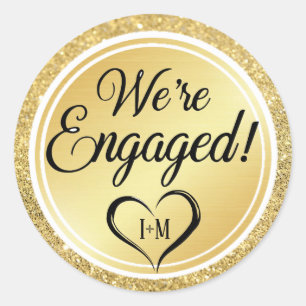 Gold Glitter We're Engaged Monogrammed Heart Classic Round Sticker