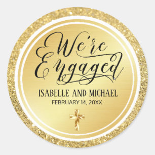 Gold Glitter We're Engaged with Christian Cross Classic Round Sticker