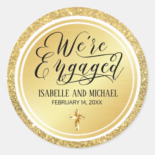 Gold Glitter We're Engaged with Christian Cross Classic Round Sticker (Front)