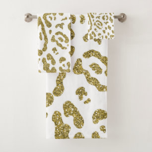 Gold Glitter White Cheetah Leopard Animal Print Bath Towel Set