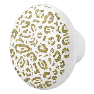 Gold Glitter White Cheetah Leopard Animal Print  Ceramic Knob