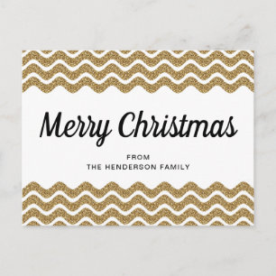 Gold Glitter White Chevron Stripes Merry Christmas Postcard