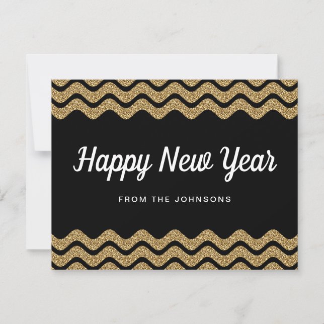 Gold Glitter White Chevron Stripes New Year Card (Front)