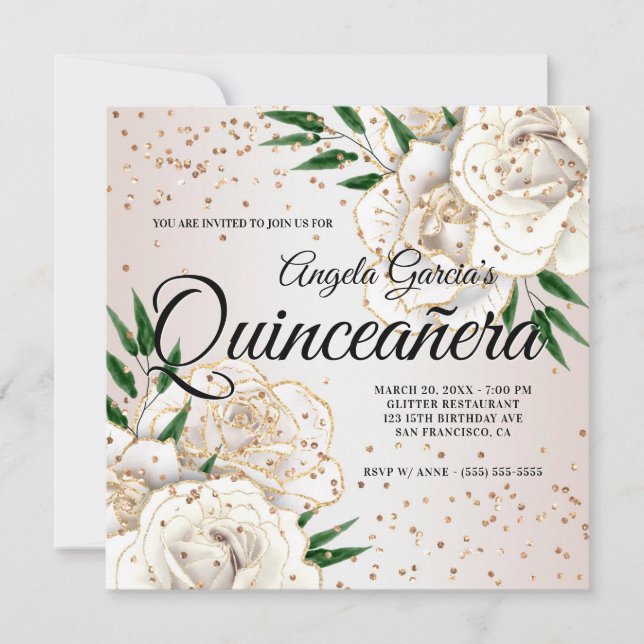 Gold Glitter White Floral Glam Quinceañera Invitation (Front)