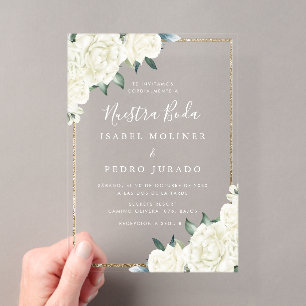 Gold Glitter White Floral Nuestra Boda Wedding Acrylic Invitations