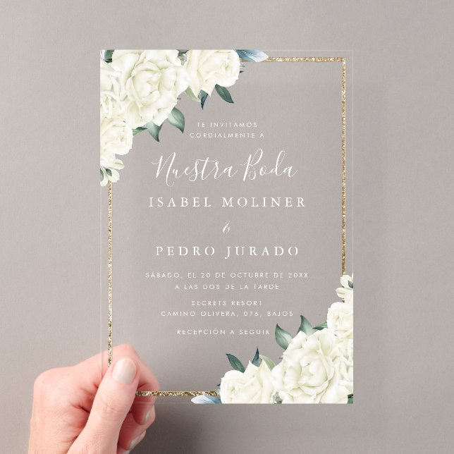 Gold Glitter White Floral Nuestra Boda Wedding Acrylic Invitations (Insitu (Handheld))