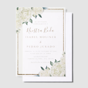 Gold Glitter White Floral Nuestra Boda Wedding Vellum Invitations