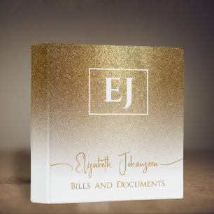 Gold Glitter White Girly Glam Sparkle Monogrammed Binder