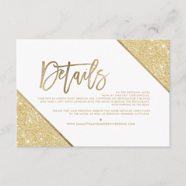 Gold glitter white script wedding direction enclosure card (Front)