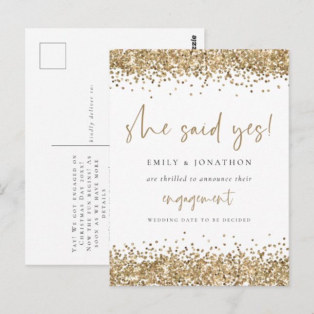 Gold Glitter White She Said Yes Engagement Postcard (Front/Back)