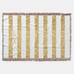 Gold Glitter White Stripes Pattern Monogram Throw Blanket