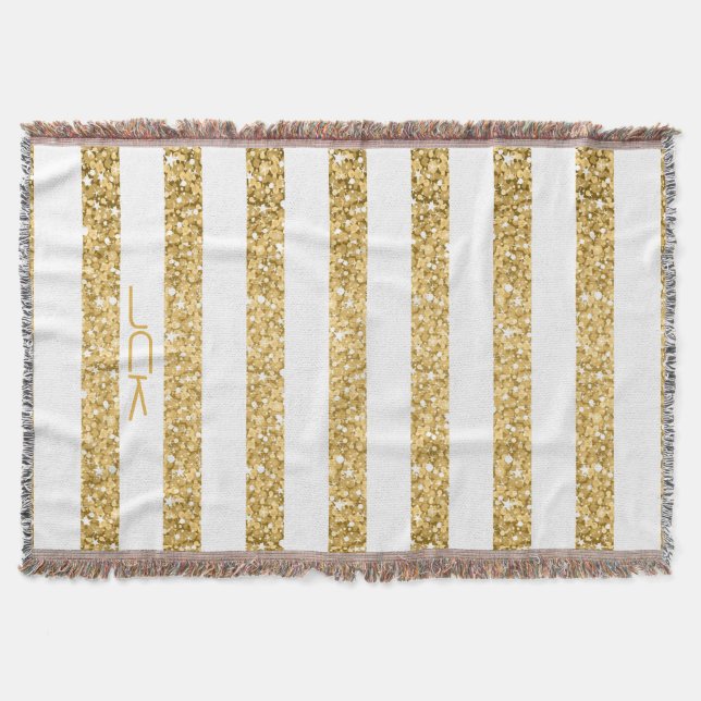 Gold Glitter White Stripes Pattern Monogram Throw Blanket (Front)