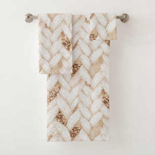 Gold Glitter White Woven Faux Fabric Bath Towel Set