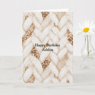 Gold Glitter White Woven Faux Fabric Birthday Card