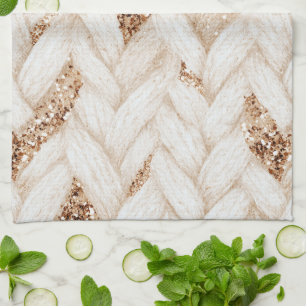 Gold Glitter White Woven Faux Fabric   Kitchen Towel