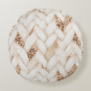 Gold Glitter White Woven Faux Fabric   Round Pillow