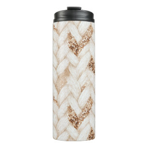 Gold Glitter White Woven Faux Fabric Thermal Tumbler