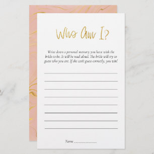 Gold Glitter Who Am I Bridal Shower Game
