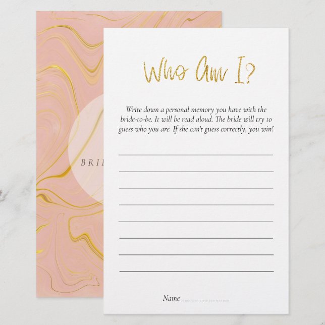 Gold Glitter Who Am I Bridal Shower Game (Front/Back)