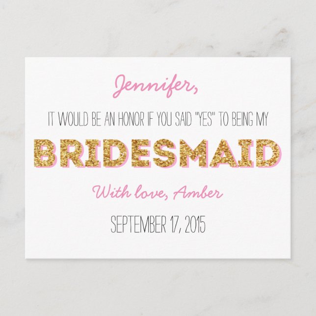 Gold Glitter Will You Be My Bridesmaid Postcard (Front)