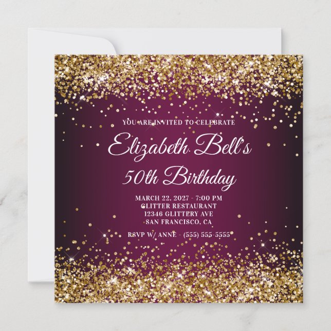 Gold Glitter Wine Dark Ombre 50th Birthday Invitation (Front)
