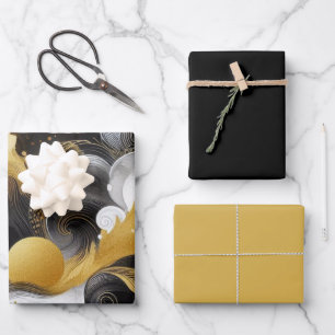 Gold Glitter with Black Abstract  Wrapping Paper Sheet
