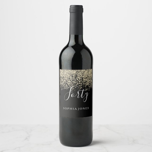 Gold Glitter Womans Mens 40th Birthday Party Wine Label (Front)