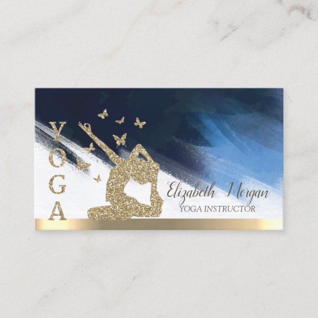 Gold Glitter Women Silhouette,Yoga Brush Stroke Business Card (Front)