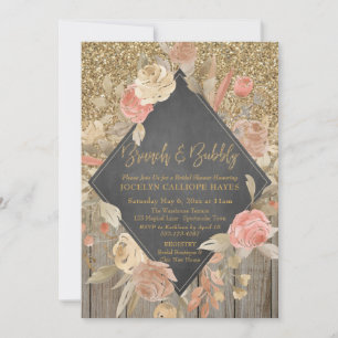 Gold Glitter Wood Floral Chalkboard Brunch Bubbly Invitation