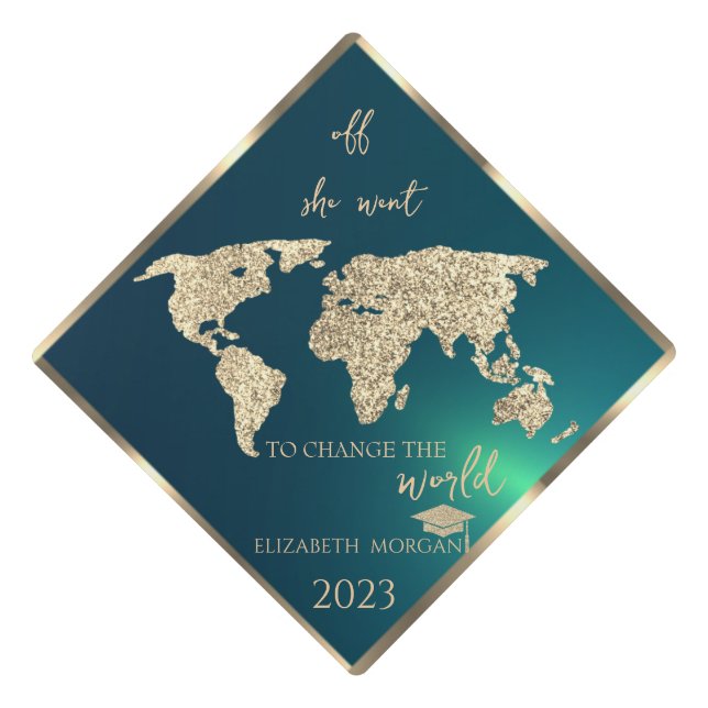Gold Glitter World Map,Grad Cap Green (Front)