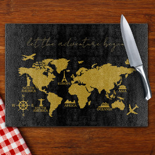 Gold Glitter World Map on Black Elegant Adventure Cutting Board