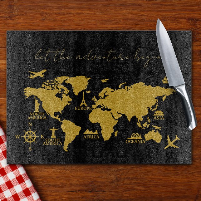 Gold Glitter World Map on Black Elegant Adventure Cutting Board (Creator Uploaded)