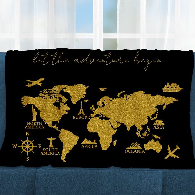 Gold Glitter World Map on Black Elegant Adventure Fleece Blanket (Creator Uploaded)
