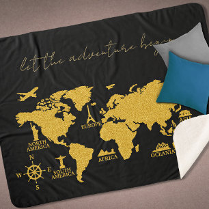 Gold Glitter World Map on Black Elegant Adventure Sherpa Blanket