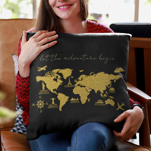 Gold Glitter World Map on Black Elegant Adventure Throw Pillow
