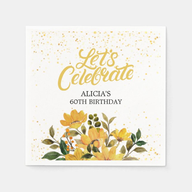 Gold Glitter Yellow Floral Birthday Napkin (Front)