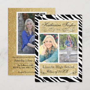 Gold Glitter Zebra 3x5 Graduation Announcement