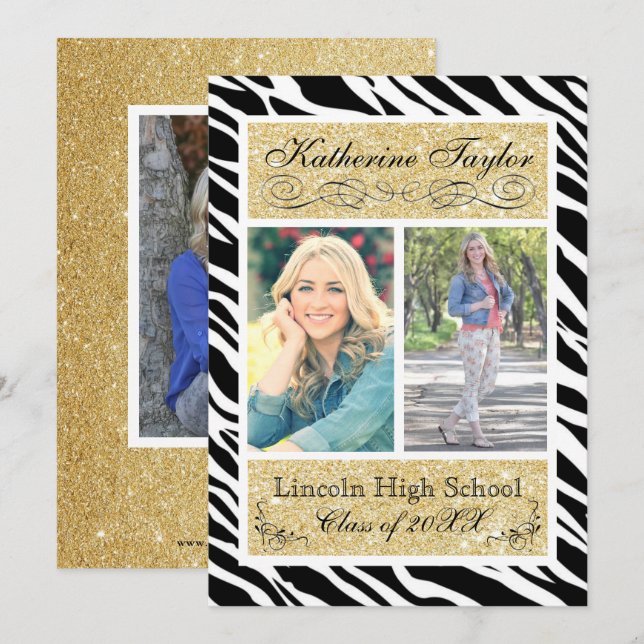 Gold Glitter Zebra Graduation Announcement (Front/Back)