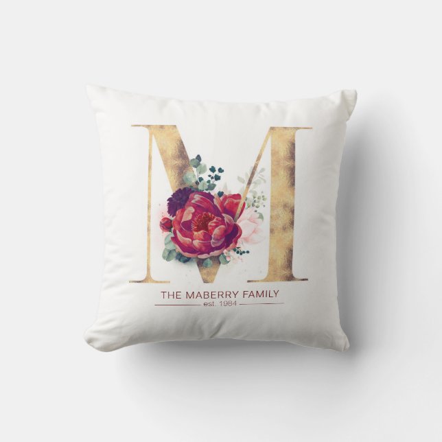 Gold Glittered M Monogram Floral Burgundy Red Throw Pillow (Front)
