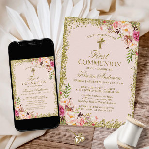 Gold Glitters Blush Pink Floral First Communion Invitation
