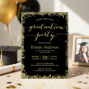 Gold Glitters Border Typography Graduation Party Invitation
