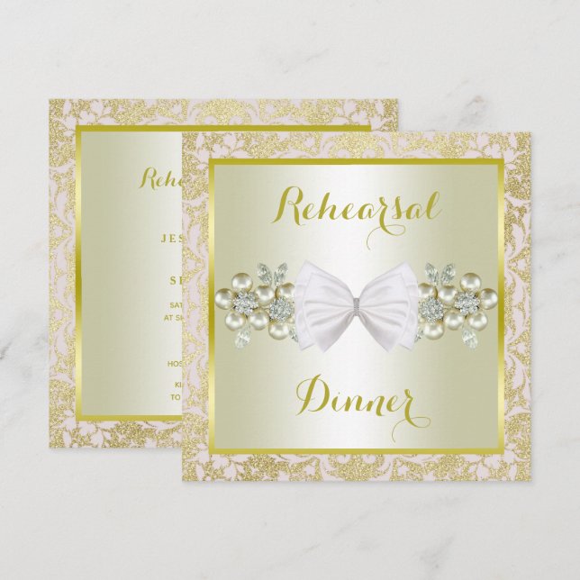 Gold Glitters, Diamond Gem & Bow Rehearsal Dinner Invitation (Front/Back)