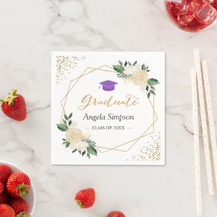Gold Glitters Ivory Green Floral Lilac Graduation Napkin