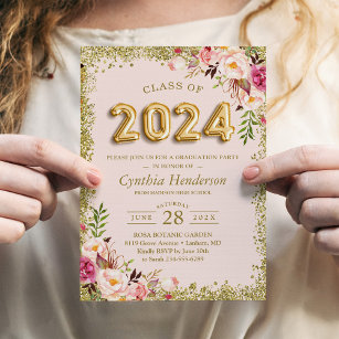 Gold Glitters Pink Floral Balloons 2020 Graduation Invitation