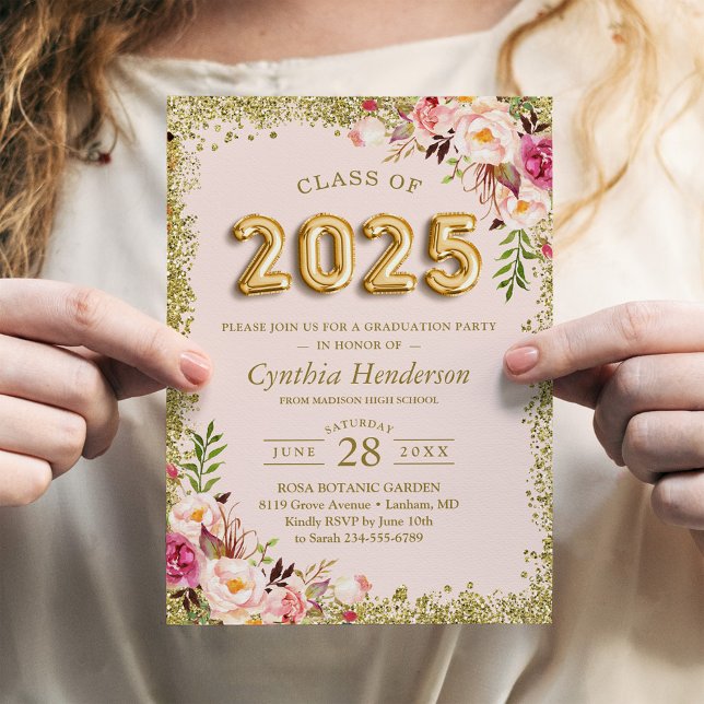 Gold Glitters Pink Floral Balloons 2025 Graduation Invitation (Creator Uploaded)