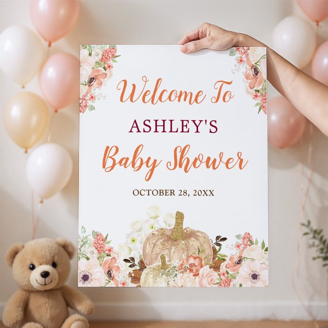 Gold Glitters Pumpkin Floral Fall Baby Shower Sign (Creator Uploaded)