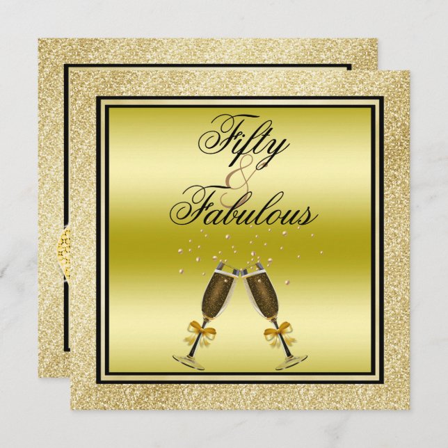 Gold Glitters Stiletto & Champagne Fabulous 50 Invitation (Front/Back)