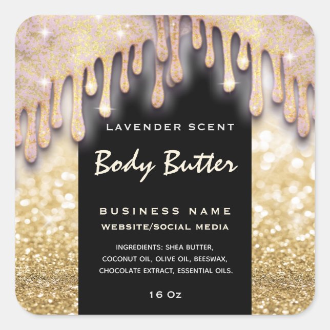 Gold glittery drips script  body butter label (Front)