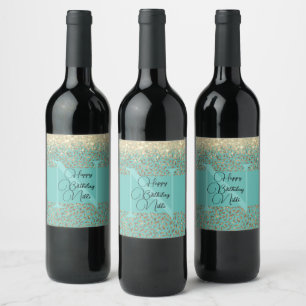 Gold Glittery Feathers Monogram Birthday Wine Label